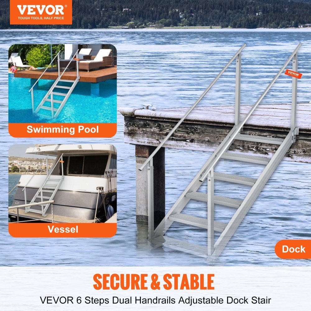 6-stufige Badeleiter mit zwei Handläufen, Bootsleiter, 800 x 1850 x 2092 mm, Poolleiter aus Aluminiumlegierung, Treppenleiter, 250 kg Tragkraft, 10 cm Pedale, ideal für Häfen, Bootsschwimmbäder
