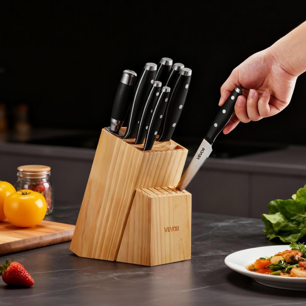 Kitchen knife set with knife block (wood) & sharpening steel, 15 pieces. Knife set, high carbon stainless steel knives, kitchen cutlery with ergonomic handle and kitchen scissors for home cooks