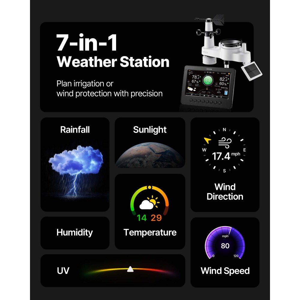 Station météo WiFi 7 en 1, écran TFT 7 pouces, capteur extérieur à énergie solaire, centre météo pour prévisions météorologiques, vitesse du vent, direction du vent, température, humidité, précipitations