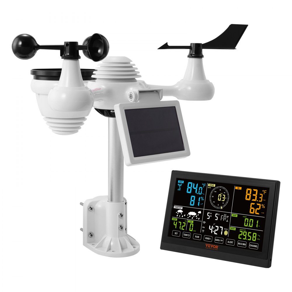Professioneel WiFi-weerstation, 7-in-1 weercentrum op zonne-energie, 190,5 mm (7,5 inch) display, 150 m zendbereik, buitensensor voor windsnelheid, windrichting, temperatuur, vochtigheid, neerslag