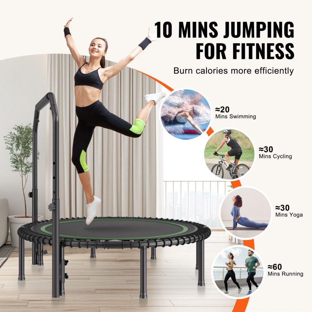 Opvouwbare minitrampoline fitness rebounder 1295 mm 205 kg veerkrachtige trainingstrampoline, rebounder sporttrampoline tuintrampoline met 4-traps in hoogte verstelbare handgreep & 42 spanbanden