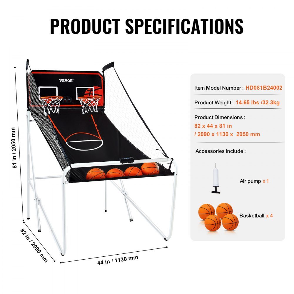 Jeu de basket-ball en salle de 2,05 m pour 2 joueurs, machine de basket-ball, support de ballon de basket-ball avec 4 balles, 8 modes de jeu et 2 cerceaux de basket-ball, tableau de bord et pompe de gonflage, pour enfants et adultes