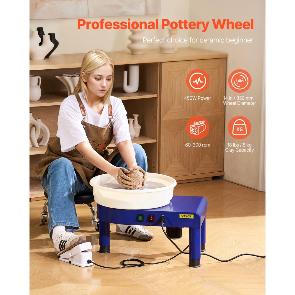 Machine de formage de roues en céramique avec pédale, pieds de levage réglables et bassin amovible (35 cm), vitesse de 60 à 300 tr/min, ensemble complet d'accessoires pour travaux manuels, bricolage, bleu