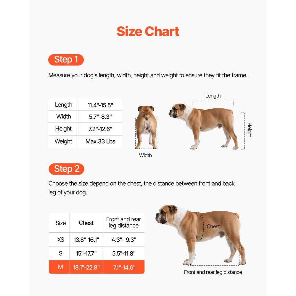 Dog Wheelchair for Hind Legs, Adjustable Pet Wheelchair, Lightweight Dog Stroller with Shock Absorbing Wheels, Walking Aid for Disabled, Paralyzed, Injured Dogs up to 15kg, M