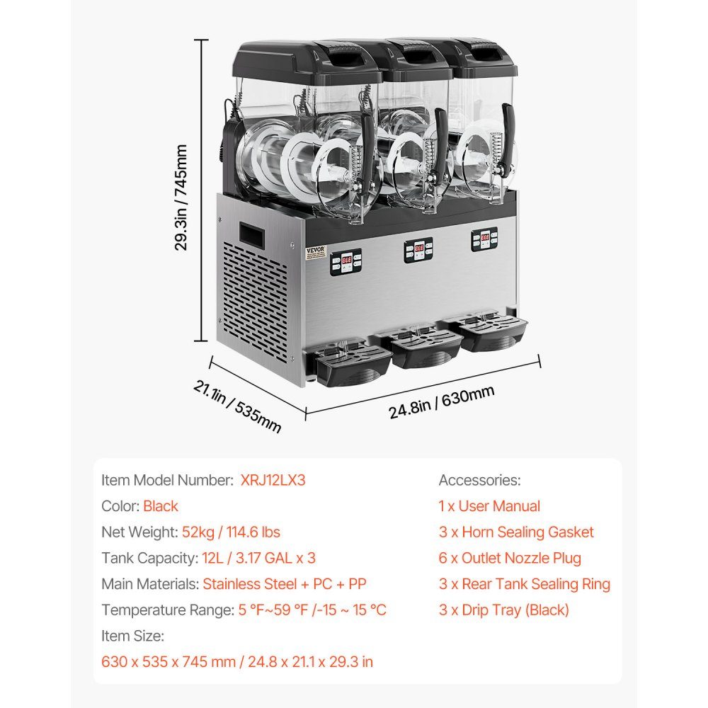 Commercial Slush Ice Cream Maker, 12L x 3, Three Tank Frozen Drink Machine, 144 Cups, Stainless Steel Slush Ice Cream Maker with Keyboard, Soft Ice Cream Machine for Party, Restaurant, Cafe, Bar