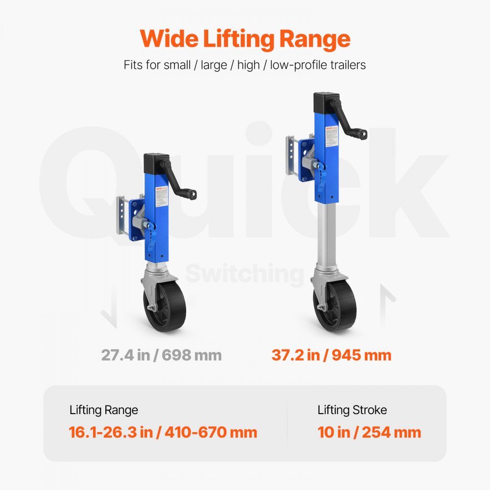 Cric de remorque avec roue, support de remorque de 725 kg, cric de remorque de bateau pivotant en PP à roue unique, moyeu de 254 mm, remorque de voyage boulonnée avec poignée pour camping-car, bateau, remorque à chevaux, remorque utilitaire