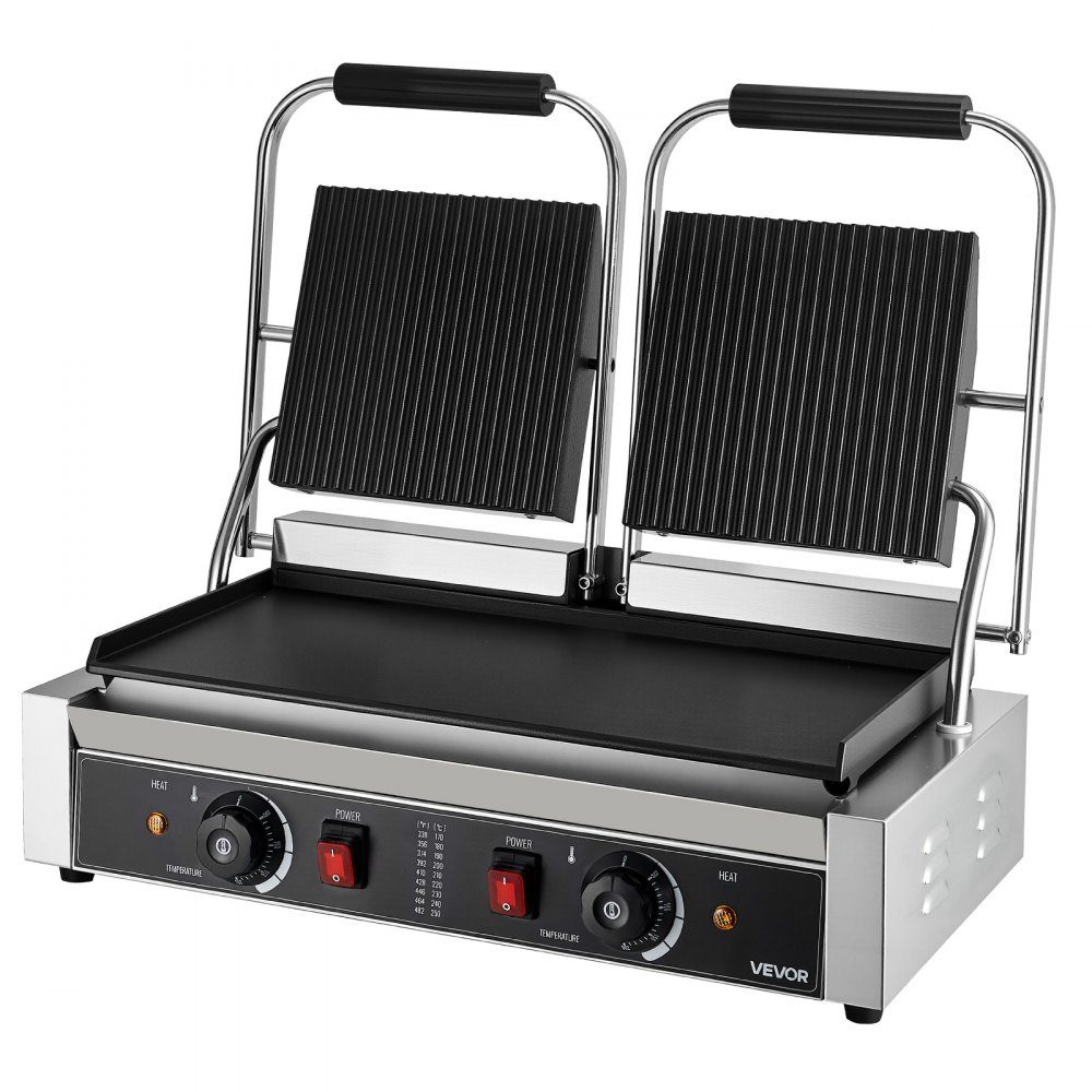 Commercial Panini Grill, Contact Grill 3600 W, for Sandwiches, Steak, Bacon, Hamburgers, Sandwich Maker, Stainless Steel Press Grill with Handle & Temperature Controller & 48 x 23 cm Heating Plate, Panini Press