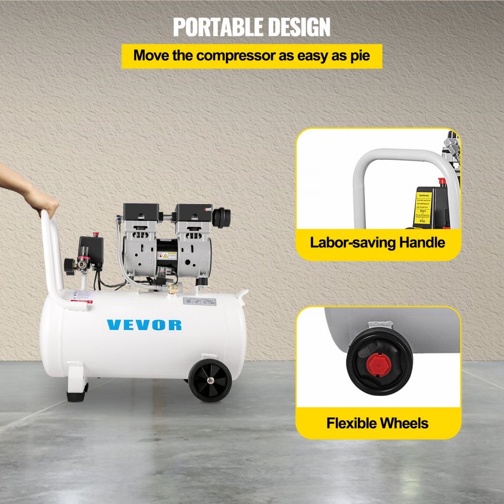 Whisper compressor 50 L, quiet oil-free compressor 750 W, oil-free air compressor 68 dB, compressed air compressor 230 V, quiet compressed air boiler 170 L/min exhaust air volume, with built-in exhaust fan