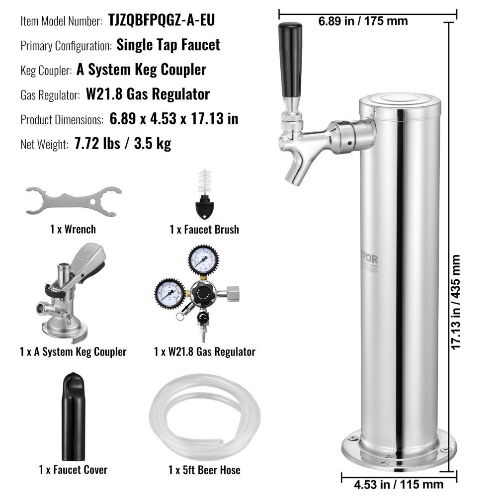 Zestaw wieży Kegerator, zestaw do konwersji piwa z jednym kranem, dozownik wieży piwa w beczce ze stali nierdzewnej z regulatorem W21.8 z podwójnym manometrem i łącznikiem beczki w systemie A, taca ociekowa piwa na imprezę domową