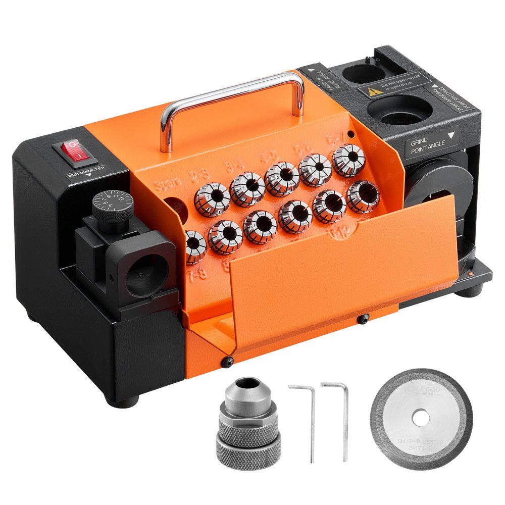 Bohrerschleifmaschine MR-13D, 3-13 mm, mit einstellbarem Schneidenfreiwinkel, vorderer Schneide und 95°-135° Spitzenwinkel, 4600 U/min, inkl. 11 Spannzangen und CBN-Schleifscheibe