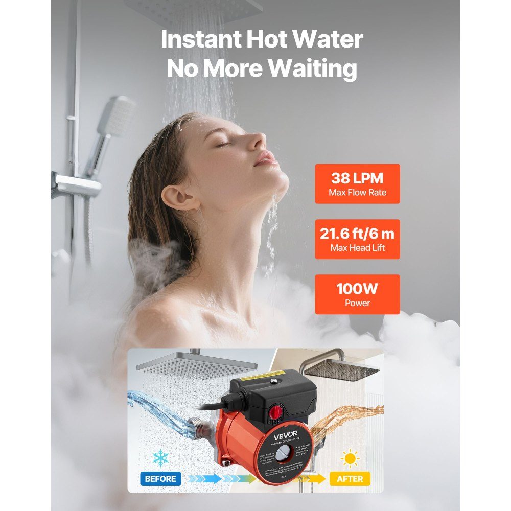 Circulation Pump 38L/min Instant Circulation Circulation Pump System 3 Speed ​​Control 100W AC 220-240V G3/4" to G1/2" Adapter Stainless Steel Head for Water Heater System