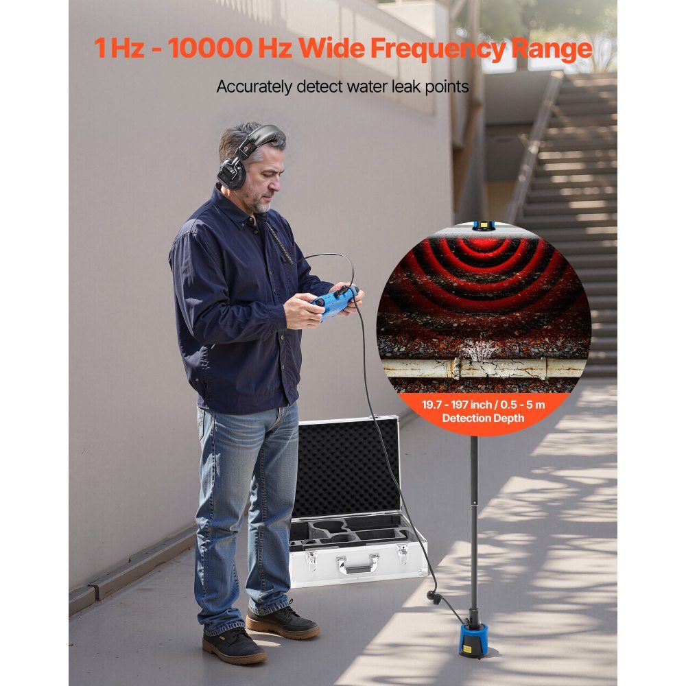Leidingwaterlekdetector met 4 sensoren, 1 Hz - 10.000 Hz, 7 inch touchscreen, ondergrondse pijpdetector met 3 luisterstaven, hoofdtelefoon, kaart van 8 GB en draagtas