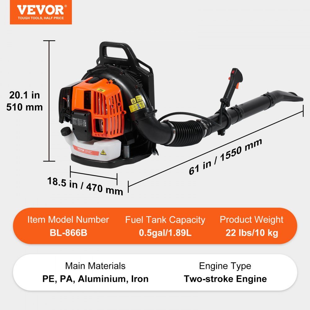 Backpack Leaf Blower, 63CC 2-Stroke Gasoline Leaf Blower with 1.89L Fuel Tank, 1110 CFM Air Volume, 220 MPH Speed, Ideal for Lawn Care, Leaf Cleaning and Snow Removal