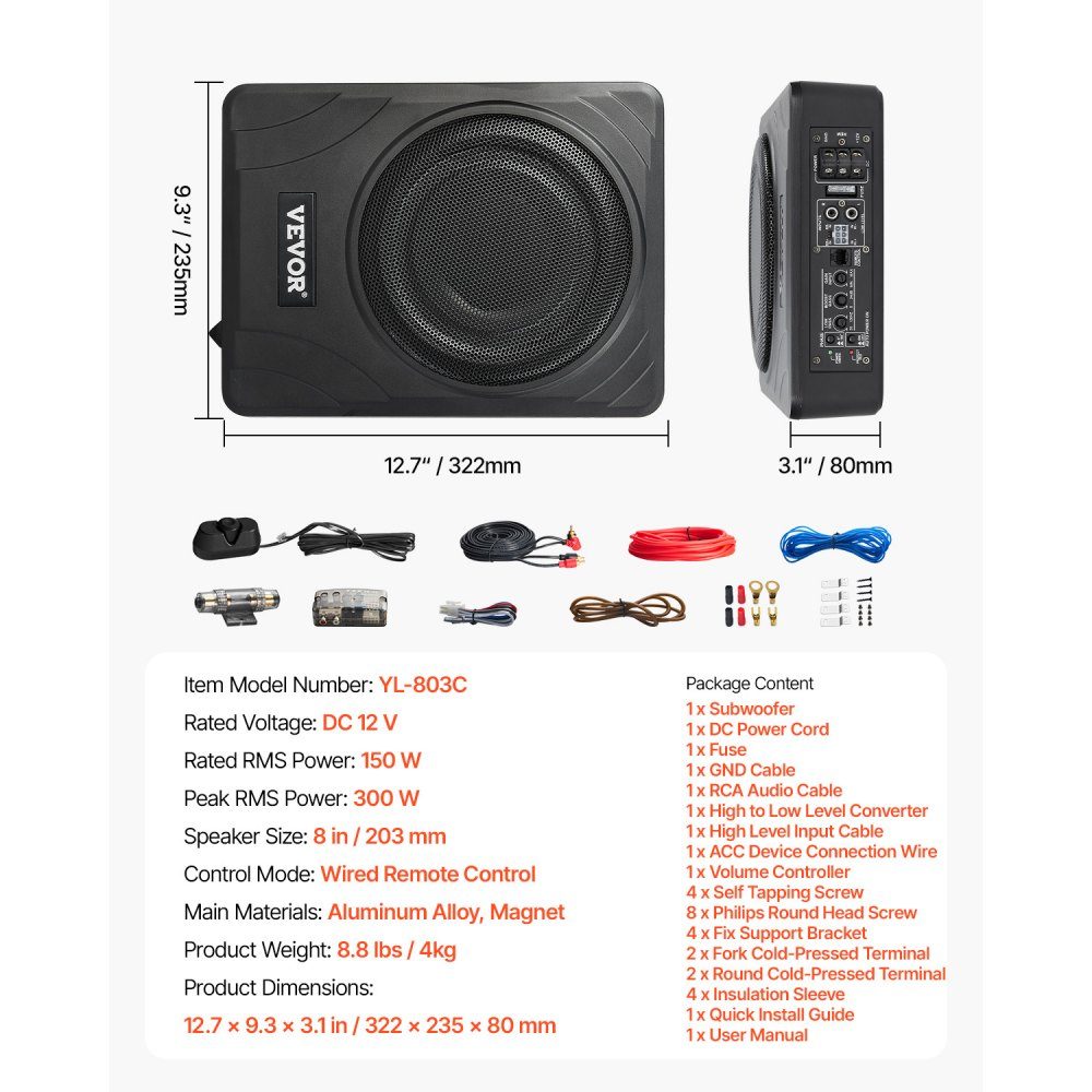 Underseat Car Subwoofer, 300W Slim Car Subwoofer Subsystem with Built-in Amplifier, High/Low Level Input and Volume Control for SUV, Truck, RV