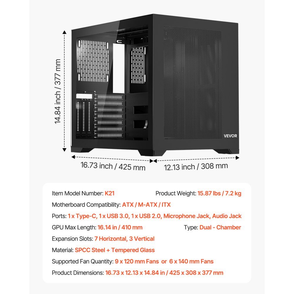 Mid-Tower, Zweikammer-PC-Gehäuse mit gehärteten Glasscheiben, magnetischem Staubfilter, Kabelmanagement, für GPU bis zu 410 mm Länge, kompatibel mit ATX/M-ATX/ITX, kein Lüfter