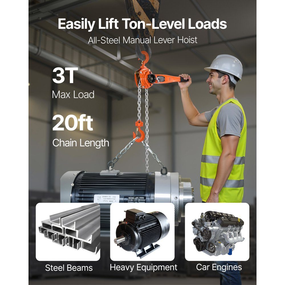 Lever Hoist, 3 Ton Capacity Hand Chain Hoist, 6m Lift, G80 Alloy Steel Chain with Mechanical Double Pawl Brake, 360° Swivel Hooks, Ratchet Hoist for Warehouse Construction, Garage