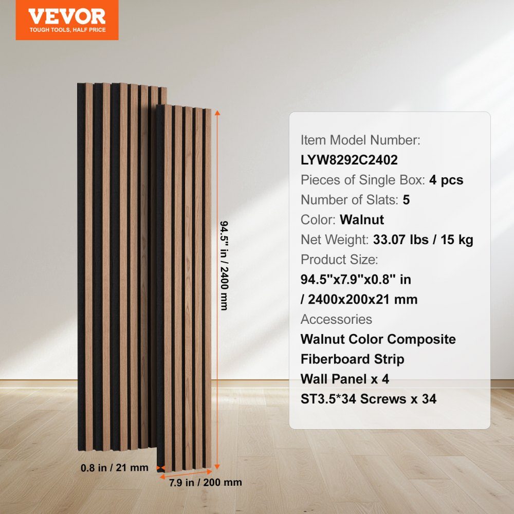 Akustikplatten, 2400 x 200 mm, MDF-Akzentholz-Wandpaneele für moderne Innenwände, Kunstholz-Wandpaneele für stilvolle Dekoration und Geräuschreduzierung, Walnuss, 4er-Set