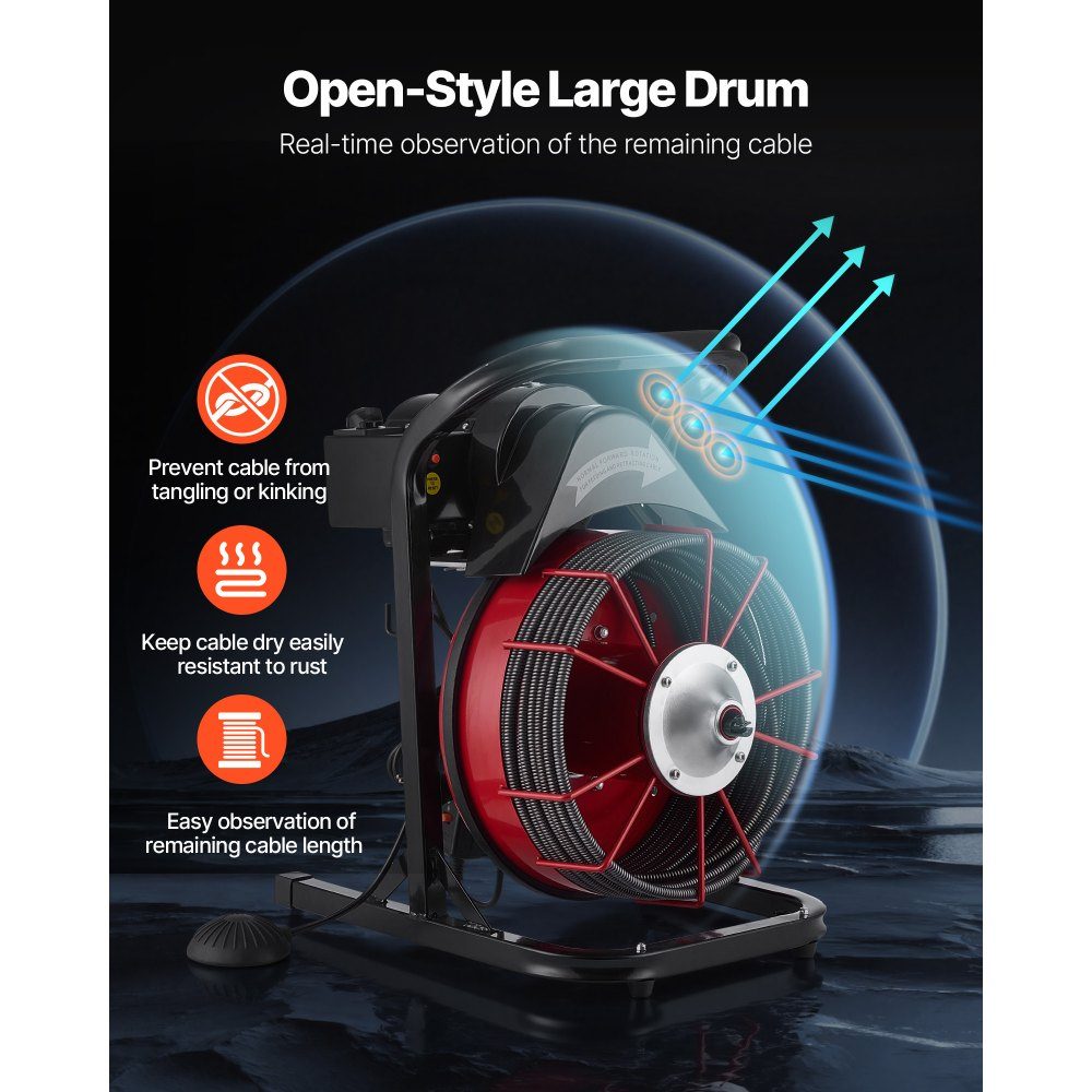 Pipe cleaning machine φ13 mm x 15 m, cleaning spiral with hand feed, 4 cutting knives & pneumatic foot switch, pipe cleaner for pipes from 50 mm to 150 mm, pipe cleaning device