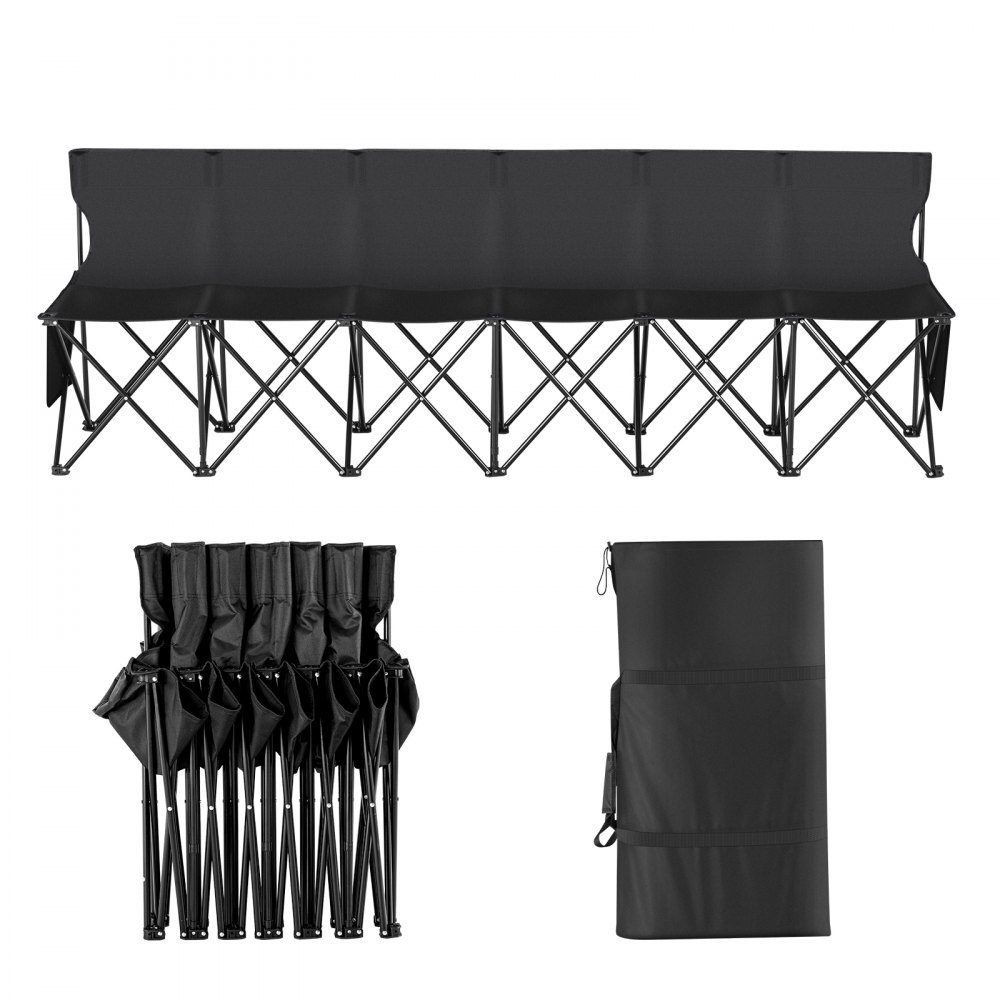 Portable Folding Bench, 6 Seater Folding Side Bench, Outdoor Camping Bench Chair with Carry Bag and Backrest, Team Sports Side Bench for Football Fishing, No Assembly Required, Instant Sitting, Black