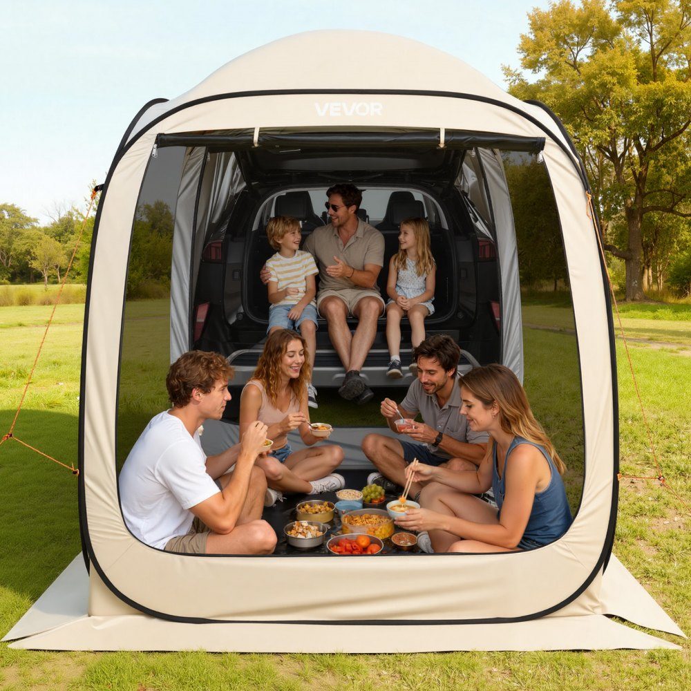Namiot kempingowy 72" x 72" Pop-Up SUV Namiot z tylną klapą Przenośny namiot imprezowy dla 4-6 osób z torbą do noszenia Siatkowe ściany boczne na kemping Ogród Zajęcia na świeżym powietrzu Beżowy