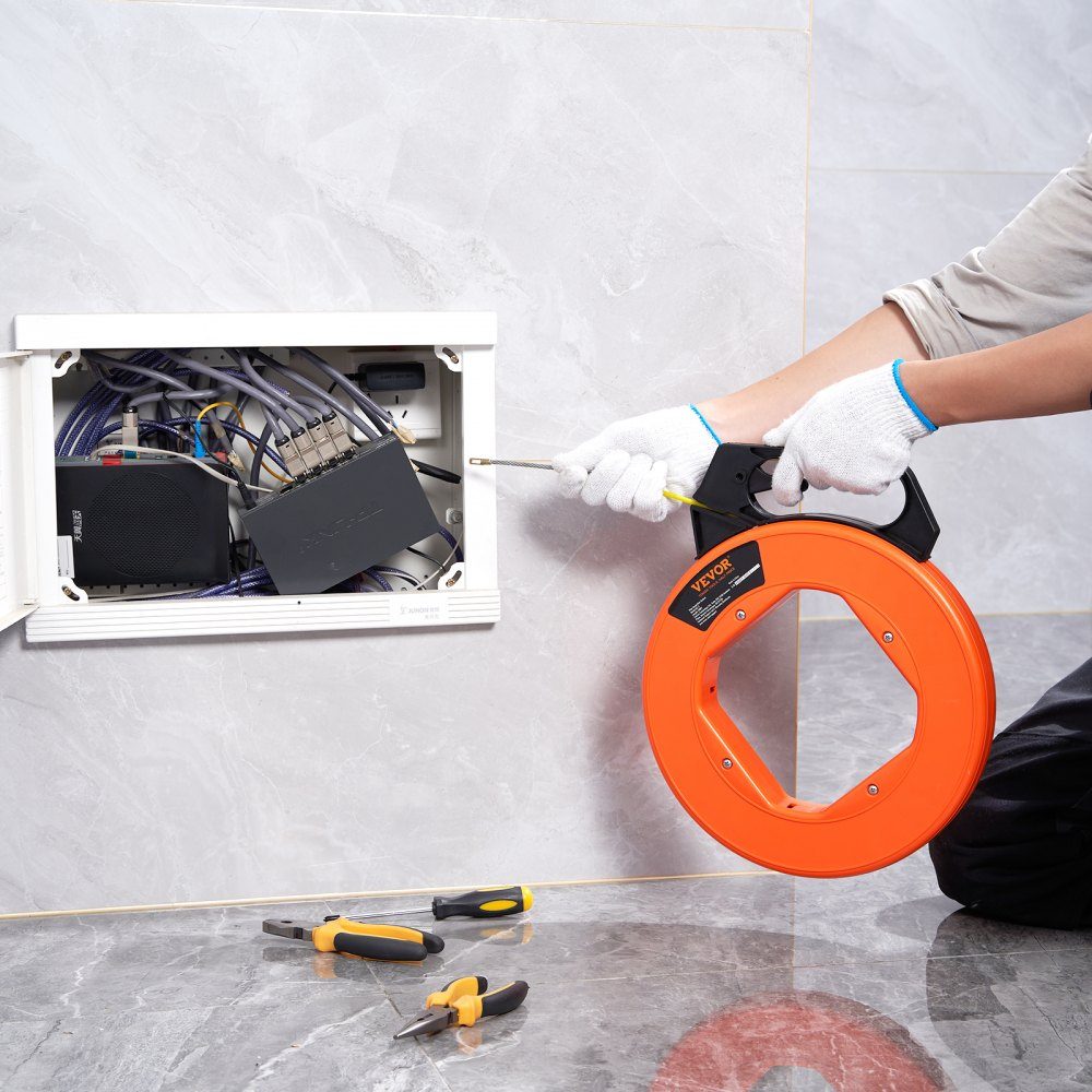 Fish Tape 100ft 3/16" glasvezel draadtrekker met geoptimaliseerd lichaam en handvat, eenvoudig te gebruiken kabeltrekker, flexibel draadvisgereedschap voor muren en elektrische draden, niet-geleidend