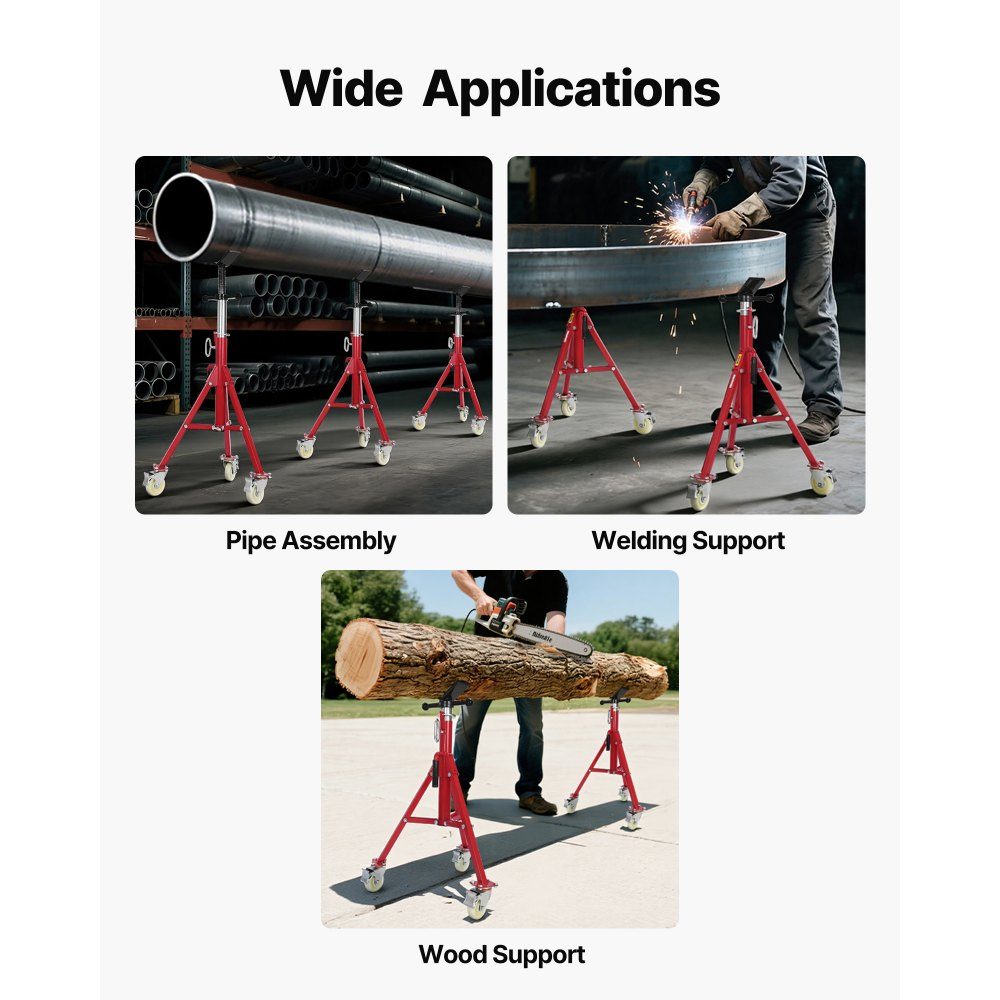 Pipe stand 400 kg load capacity, pipe support with 2 ball transfer V-head, pipe stand height adjustable 20-37 inch height, folding pipe stand for thread cutting machines rolling grooves