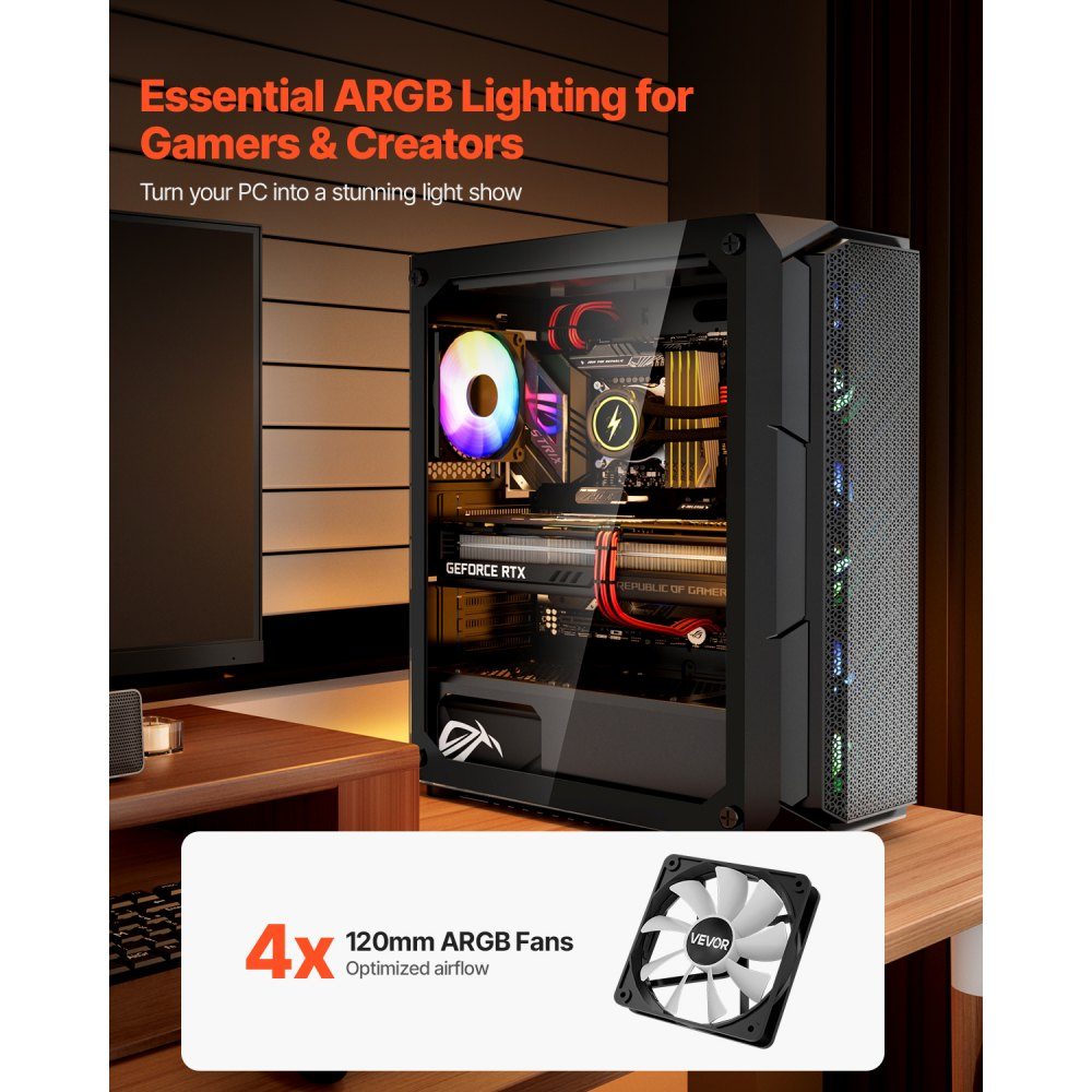 PC Gaming Case, Mid-Tower, High Airflow Tempered Glass Panel, Dust Filter, 4x 120mm ARGB Fans, Cable Management, for GPUs up to 320mm Length, for ATX / M-ATX / ITX