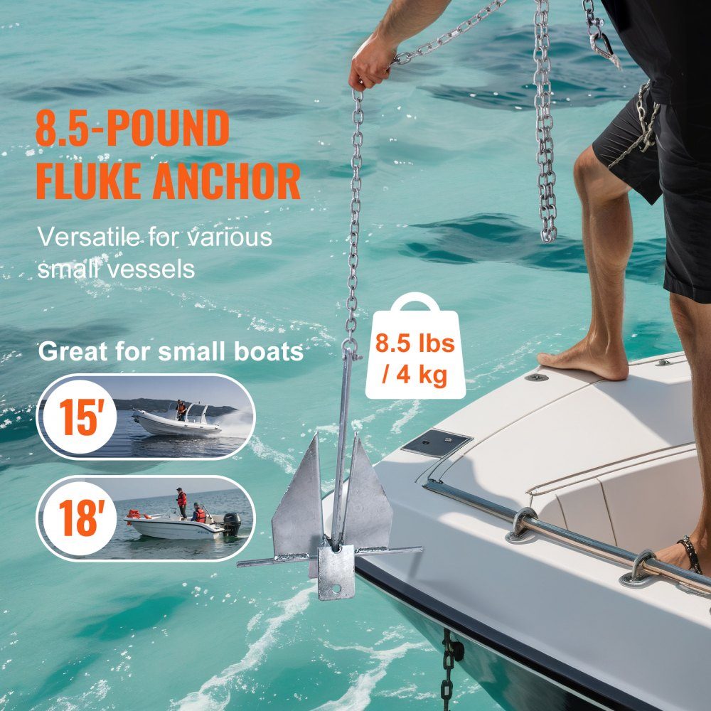 Zestaw kotwic Fluke Kotwica Fluke 4 kg wykonana ze stali z łańcuchem o długości 2,4 m, liną o długości 22,86 m i dwoma szeklami 9 mm, kotwica do łodzi dla małych statków o długości poniżej 5,49 m, do mórz, rzek i wybrzeży