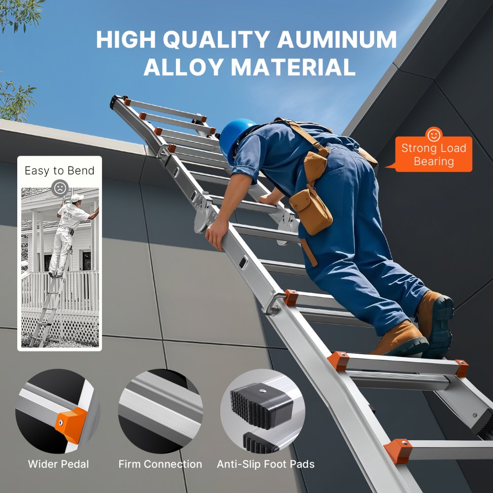 Telescopic A-Frame Ladder 3350mm Compact Aluminum Extension Ladder Multifunctional Portable Folding RV Ladder Telescopic Ladder for Homework Stairs Indoor Outdoor Roofs 150kg Load Capacity