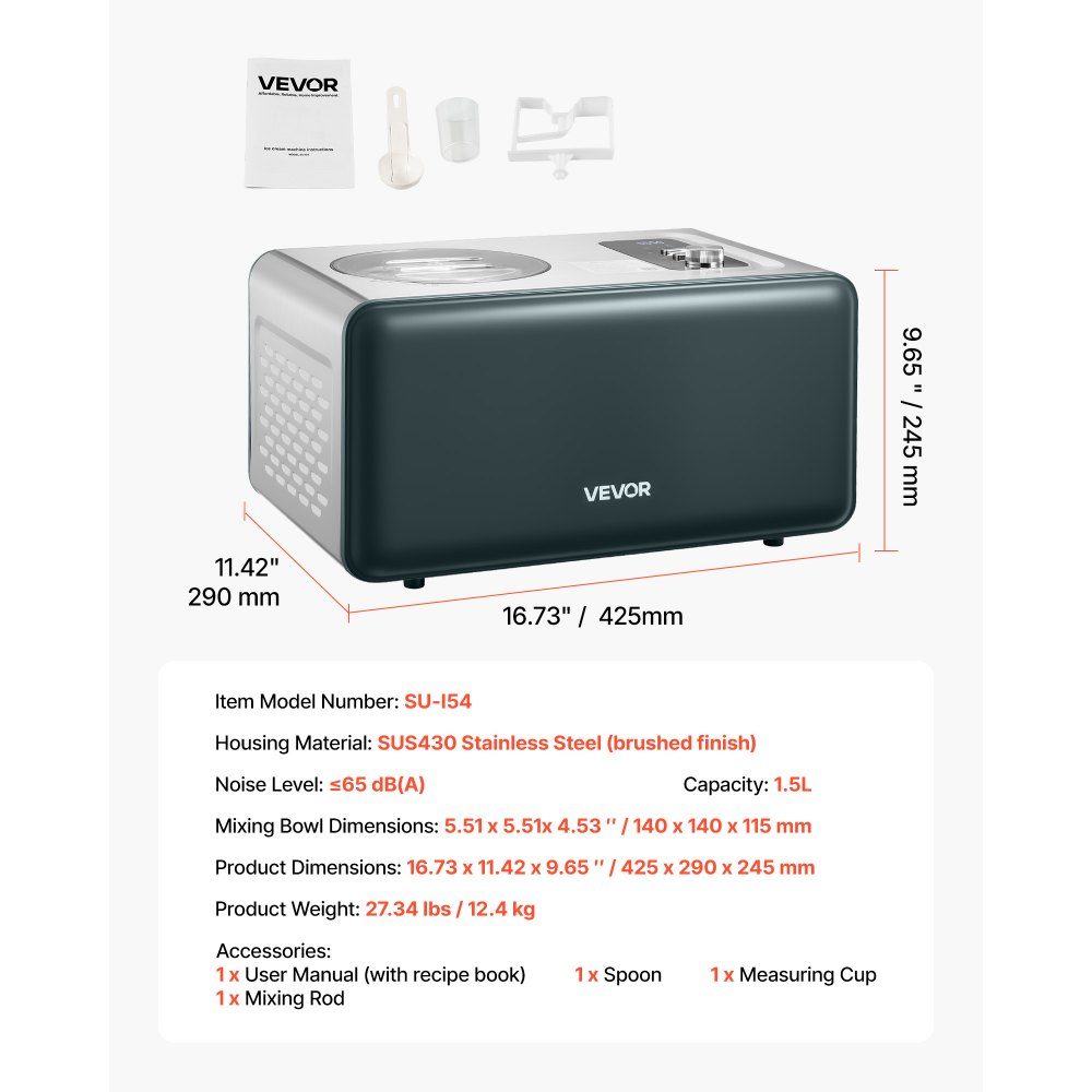 Automatic ice cream maker 1.5L with integrated compressor (150W), no prefreezing, ice cream maker with 3 modes, electric ice cream maker, sorbet maker
