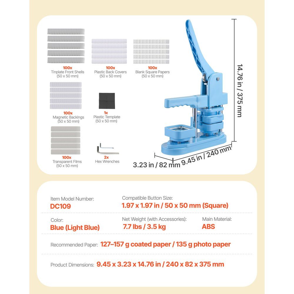 Buttonmaschine Buttonherstellungsmaschine Abzeichenstanzpresse 50 x 50 mm quadratisch, Pin Maker mit Weißblech-Vorderschalen & magnetischen Rückseiten & ergonomischem Griff, DIY Button-Pressmaschine blau