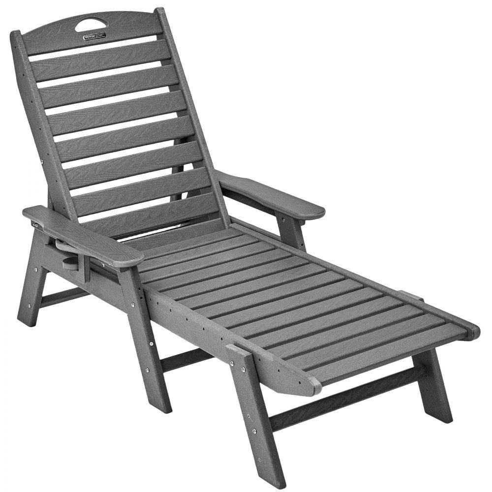 Sun Lounger 400lb Load HDPE Garden Lounger Beach Lounger with 6 Way Adjustable Backrest Armrest Cup Holder Balcony Lounger Patio Lounger for Pool Patio Patio Lawn Gray