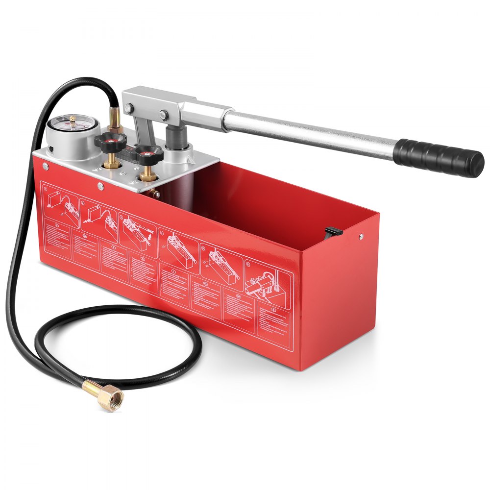 Pressure pump, max. 25 bar, manual hydraulic water pressure tester set with double valve and pressure gauge, 10L water tank, 1.4m hose with 1/2" male thread connection for pipelines Pressure pump, max. 25 bar, manual hydraulic water pressure tester set with double valve and pressure gauge, 10L water tank, 1.4m hose with 1/2" male thread connection for pipelines