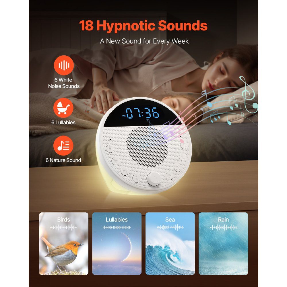 Sleep Aid, White Noise Device, 18 Music Tracks and 7 Color Night Light, 5 in 1 White Noise Device, 2 Alarms, Auto Shut Off and Memory Function, Sound Device