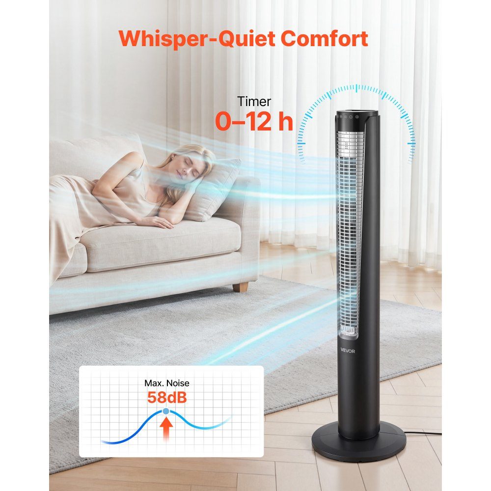 Torenventilator van 60 W, kolomventilator van 107 cm met 3 snelheden, 4 modi, 12-uurs timer, 70 ° oscillerende ventilator met afstandsbediening, stille voetstukventilator voor slaapkamer, kantoor, zwart
