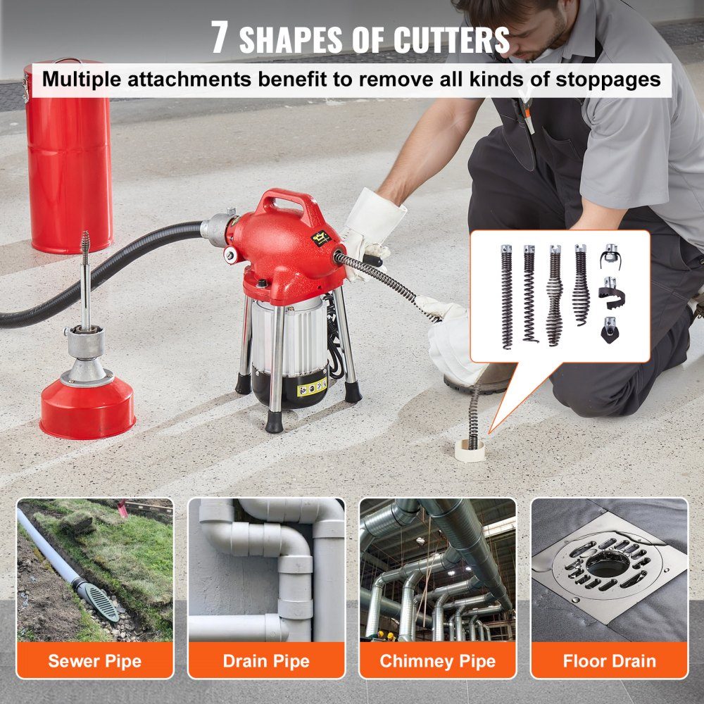Pipe Cleaning Machine 120' x 5/8'', 370W Electric Pipe Cleaning Cable with Manual Feed - with 2 steel cable sections (120' x 5/8" and 23' x 3/8"), 7 cutters and CW/CCW control for 1.6" to 4" pipes
