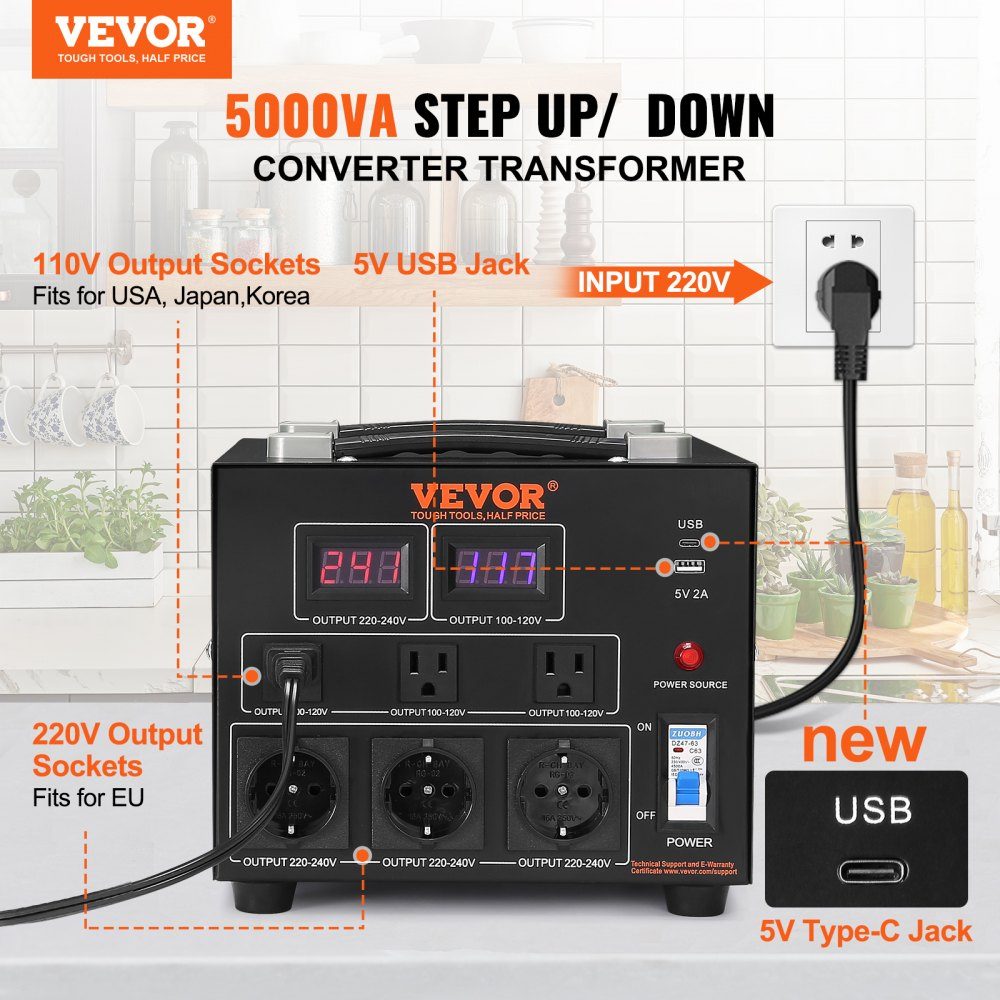 5000 W Spannungswandler-Transformator AC 110 V⇋220 V Transformator-Konverter 3x US NEMA 5-15R 3-polig / 3x europäische Shucko-Ausgangsbuchsen, 1x 5V USB-Anschluss und 1x Typ-C-Buchse