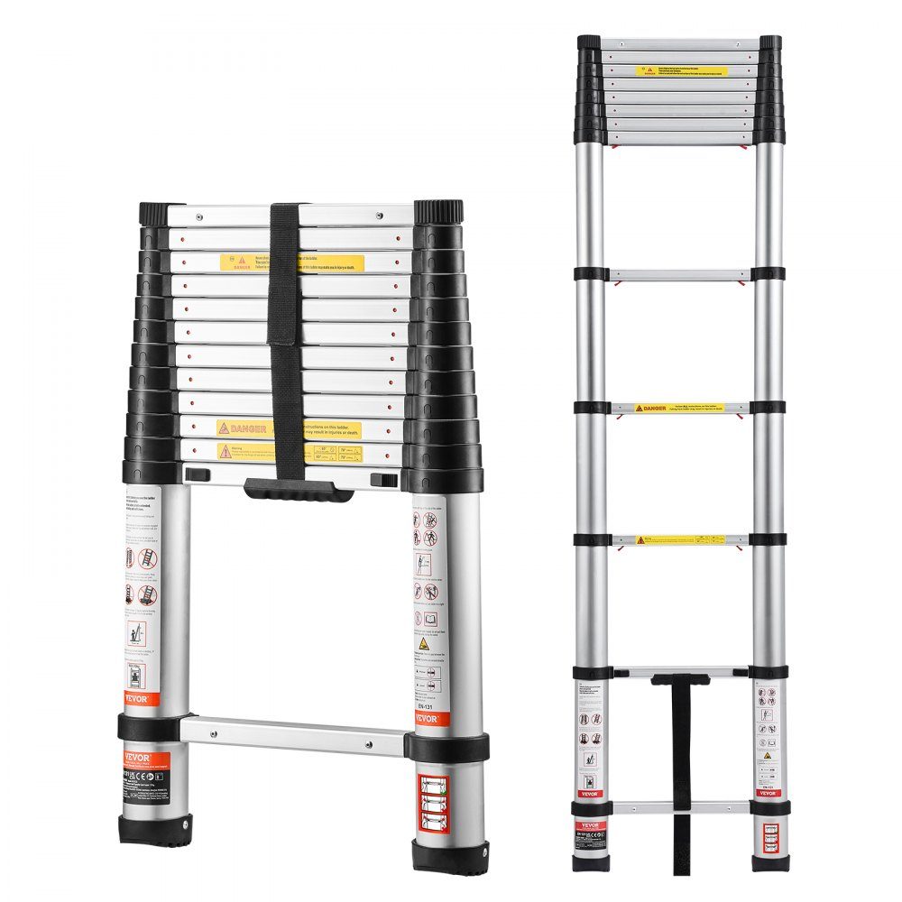 Teleskopleiter 3740 mm, Alu-Klappleiter mit Einhand-Einzug, Mehrzweckleiter, belastbar bis 150 kg, Trittleiter, Haushaltsleiter, Außenleiter, für Haus, Garten & Dachboden