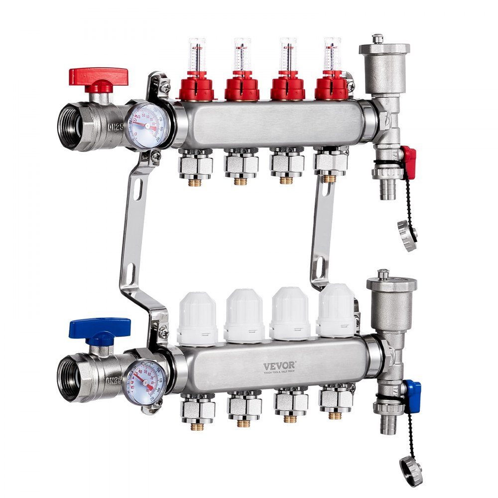 4 Branch Heat Spreader, 1/2" PEX Pipe Manifold, Stainless Steel PEX Manifold for Hydronic Underfloor Heating, Heat Distribution PEX Manifold Kit with 1/2" Adapters Included