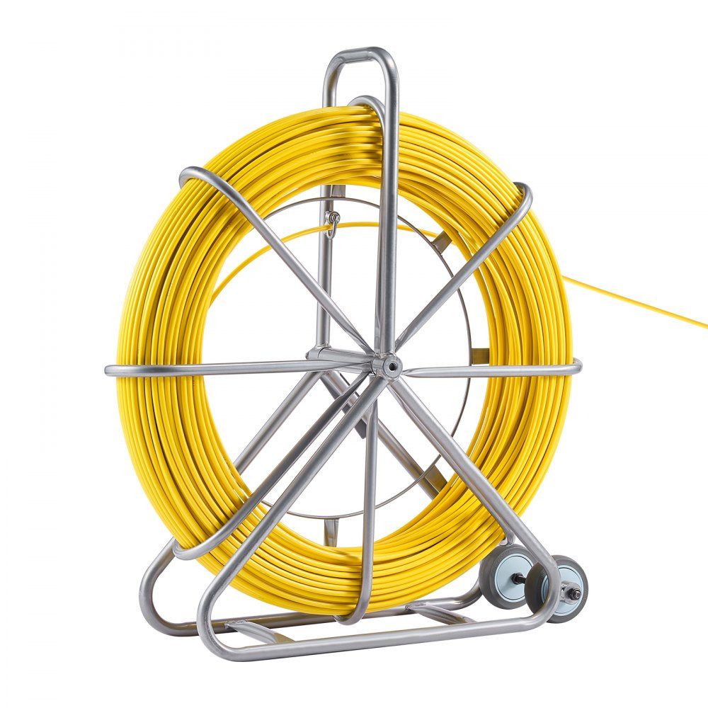 Retractable Tape 200m 5/16" Pipe Puller Retractable Tape Wire Puller Cable Management Rod with Steel Reel Stand 3 Pull Heads Fishing Tool for Walls and Electrical Wires Non-Conductive