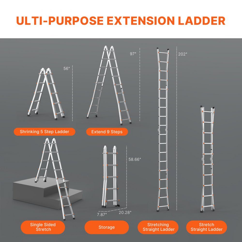 Telescopic A-Frame Ladder 5120mm Compact Aluminum Extension Ladder Multifunctional Folding RV Ladder for Homework Stairs Indoor Outdoor Roofs 150kg Load Capacity