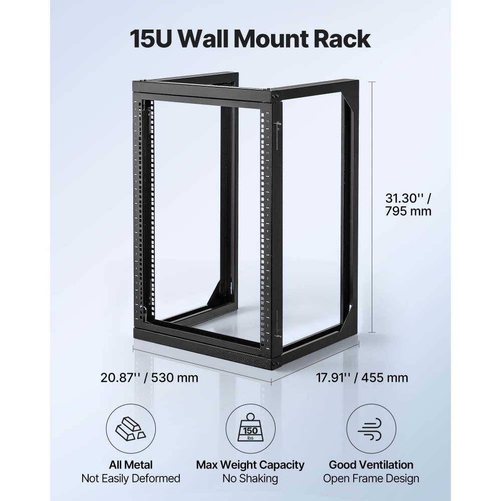 15U-Server-Rack zur Wandmontage, 68 kg maximale Tragfähigkeit, Netzwerk-Rack mit offenem Rahmen und 180-Grad-Torschwenkung, Kohlenstoffstahl, für 482-mm-IT-Netzwerkgeräte und AV-Geräte, Computerserver, Schwarz