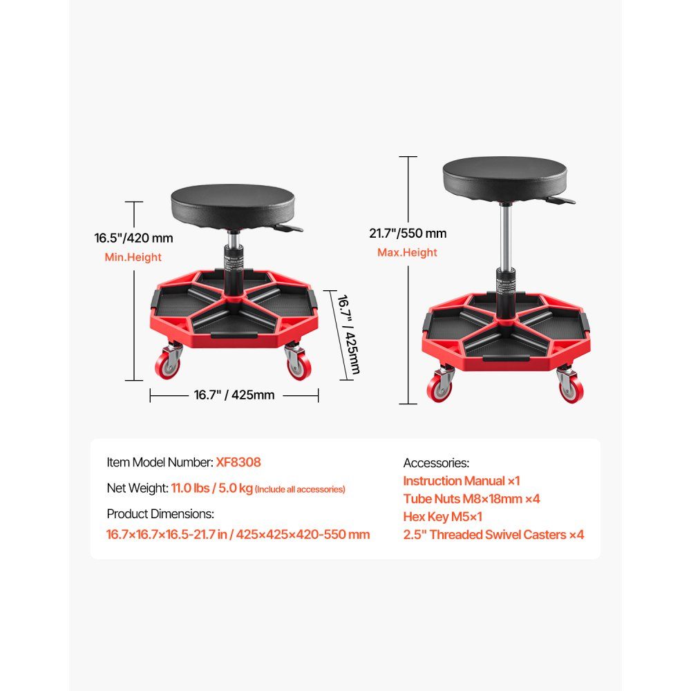 Stołek warsztatowy na kółkach Fotel warsztatowy (nośność 136 kg) Fotel garażowy Stołek roboczy z regulacją wysokości (420-550 mm), Siedzisko na kółkach z półką na narzędzia do warsztatu warsztatowego naprawy samochodów, czarny + czerwony