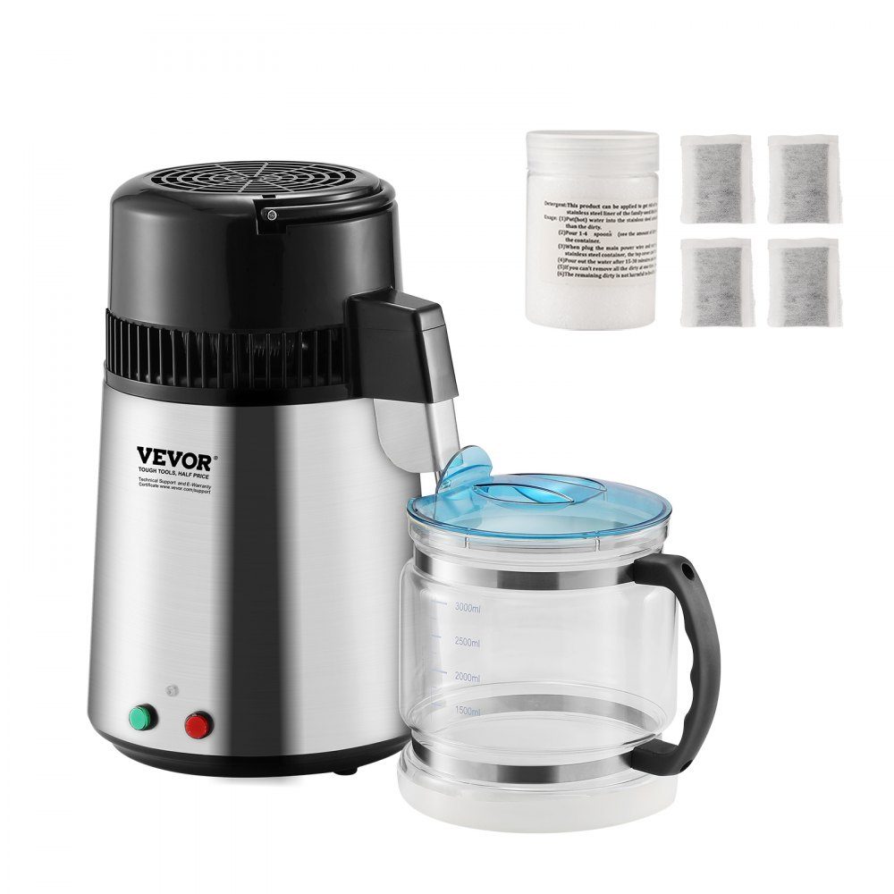 Waterdestilleerder 4L Gezuiverd waterfilter 750W Gedistilleerd water Roestvrij staal Binnendistilleerder Zilver Huishoudelijk 1L water per uur