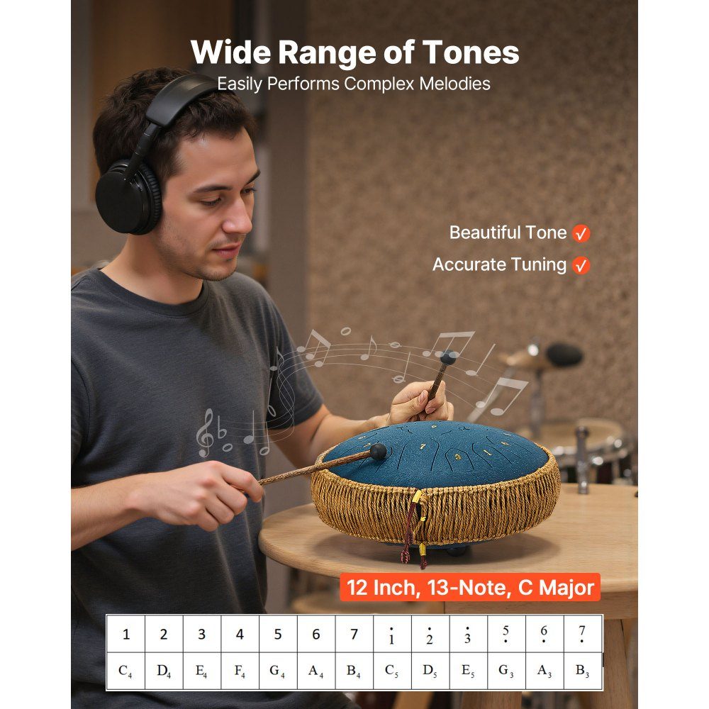Zungentrommel, Ø305 mm, 13 Töne, Regentrommel, C-Dur, mit Notenbuch & Schlägeln, Schlaginstrument für Meditation, Yoga & musikalisches Einsteigertraining, Stahlzungentrommel Marineblau
