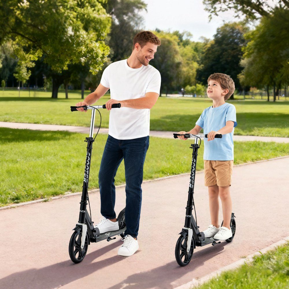 Trottinette (2 roues) pour enfants à partir de 8 ans, trottinette de ville, trottinette enfant, trottinette de rue avec guidon réglable en hauteur & plateau antidérapant & frein à main, trottinette jusqu'à 100 kg, noir + argent
