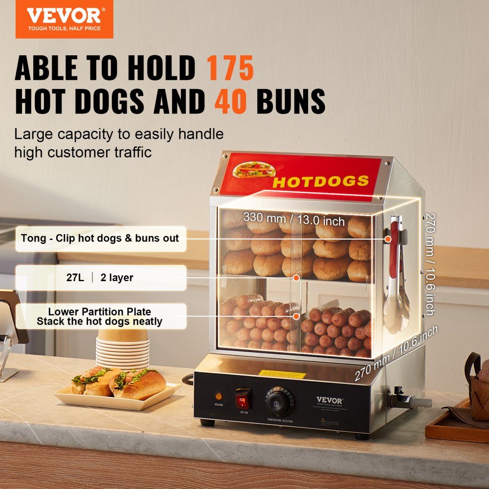 Parowiec do hot dogów, 2-poziomowy parowiec do hot dogów, 27 l, regulacja temperatury 30 ℃ ~ 85 ℃, elektryczny podgrzewacz bułek z drzwiami przesuwnymi z hartowanego szkła, szczypce do płytek oddzielających, stal nierdzewna, do hot dogów i bułek