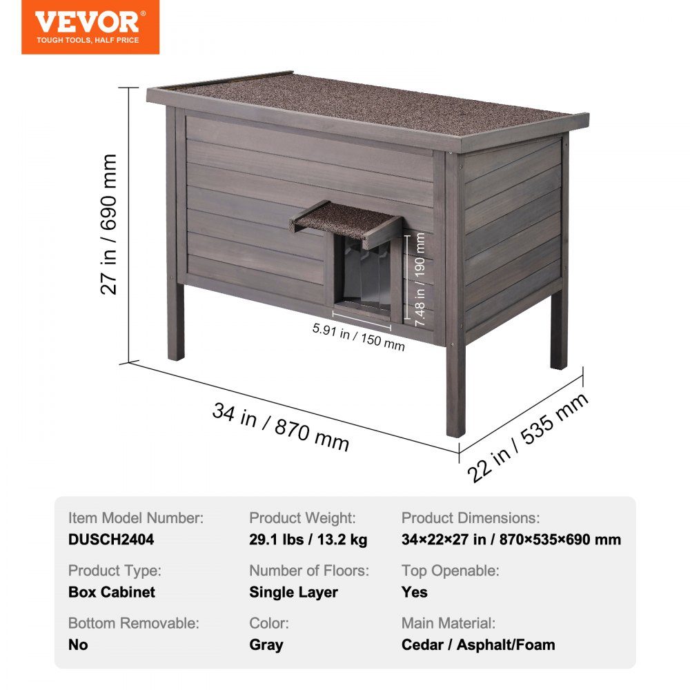 Buitenkattenhuis Weerbestendige schuilplaats voor wilde katten voor meerdere katten Houten katten- en konijnenhuis voor buiten Volledig met schuim geïsoleerd open dak PVC-deurkleppen 34" L x 22" B x 27" H