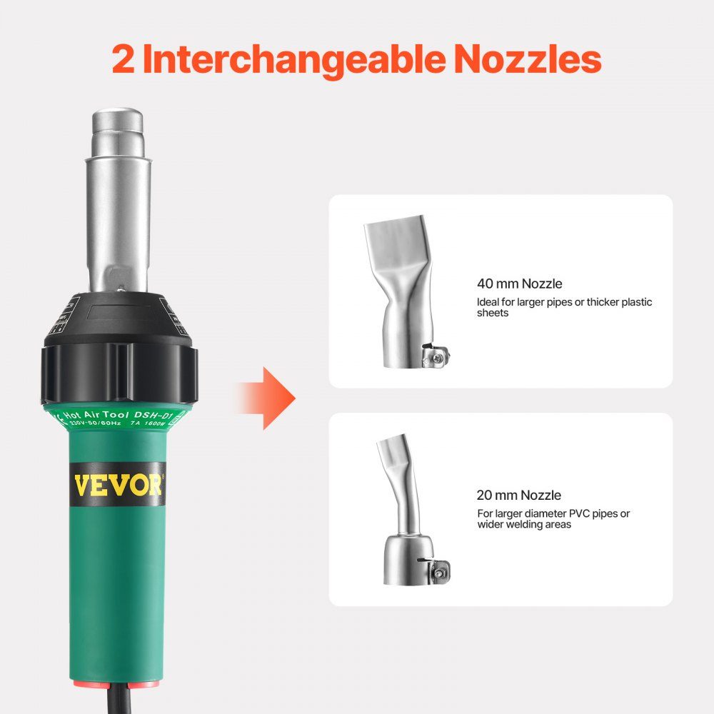 Hot Air Plastic Welder, 1600W Hot Air Gun, 50-600°C PVC TPO Vinyl Welding Torch, 5pcs Hot Air Welder Set and 2 Flat Nozzles, 1 Seam Roller, Brush for PP/PE/PVC Sheets