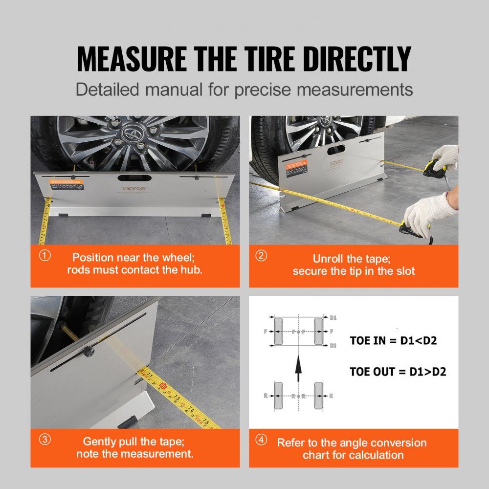 Wheel alignment device, pack of 2 wheel alignment plates, stainless steel toe angle measuring plate, 4 alignment rods and magnetic slots, including tape measures and conversion table